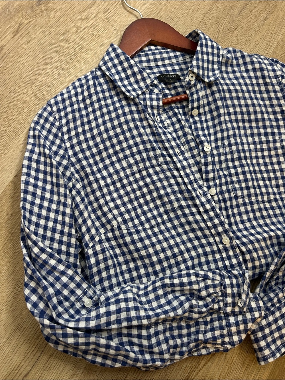 Talbots 100% Linen Blue White Checkered Gingham Button Down Collared Top